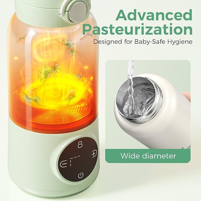 Portable Bottle Warmer for Travel, 15oz Capacity Baby Bottle Warmer with Fast Heating, 12000mAh Battery & Fast Charger, Pasteurization for Hygiene, Precise Temp Control, Leak-Proof (Green)