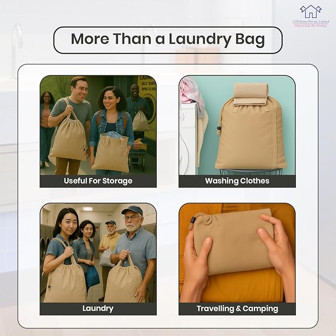 LFH Home Cotton Canvas Large Laundry Bag with Handle, Heavy Duty Drawstring Closure Washable Laundry Bags, School Travel, Home, Hotel, College Dorm, Organizer Sack, Toys Clothes 20x30-Beige