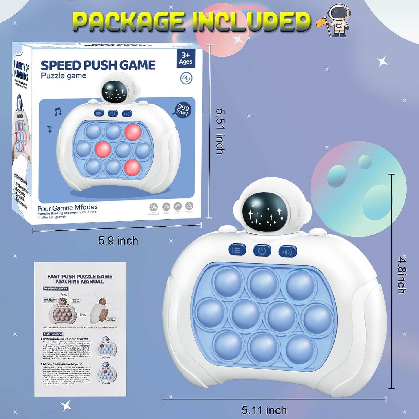 Handheld Game for Kids, Fast Push Game Fidget Toys Quick Press Bubble Game Console, Puzzle Game Machine, Light up Toys and Games Kids Toys for Ages 3-12, Birthday Gift for Boys Girls Back to School