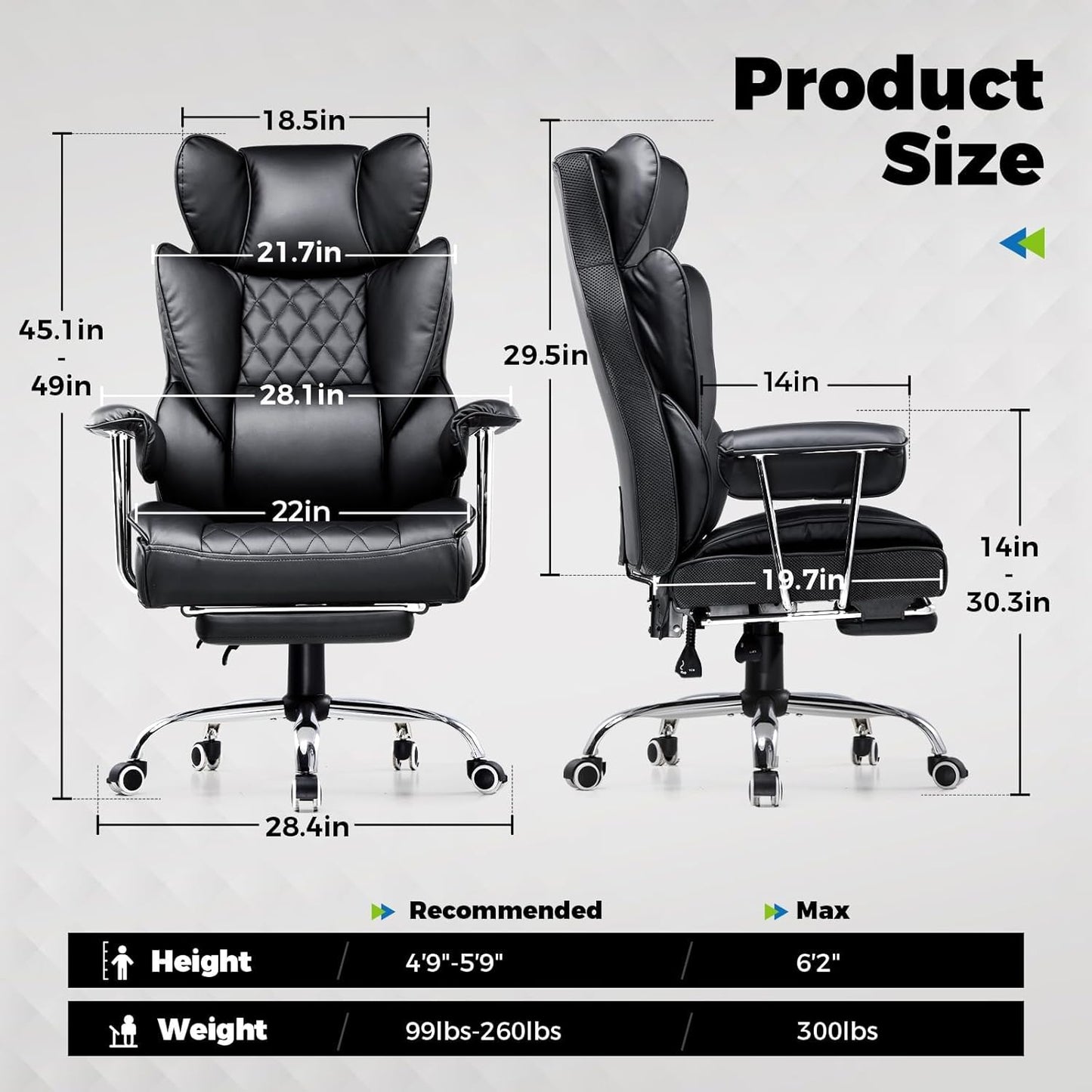 COMHOMA Big and Tall Office Chair, High Back Leather Gaming Chair with Footrest, Executive Ergonomic Office Chair with Pocket Spring Lumbar Support and with Outward Fixed Soft Armrests