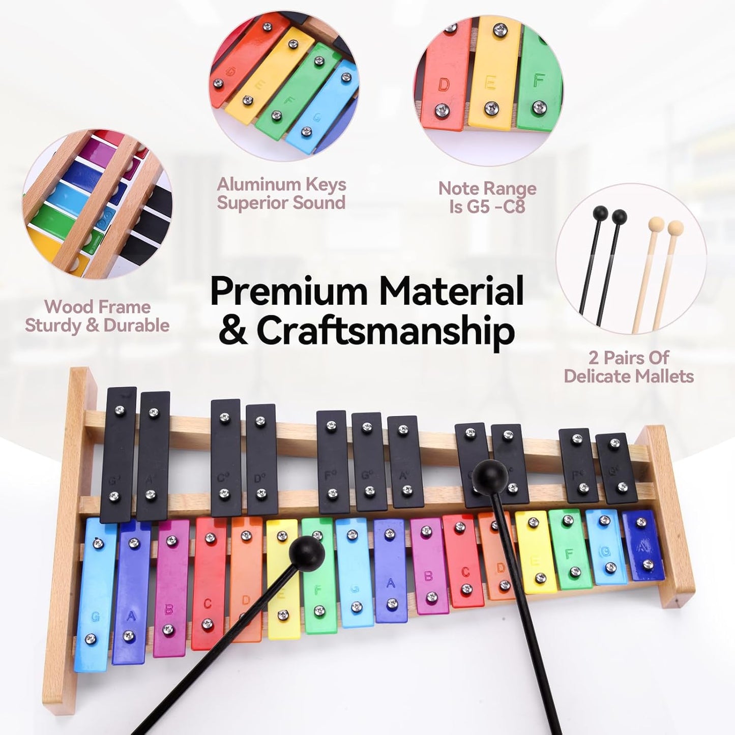 Heuyrao 27 Notes Glockenspiel Xylophone, Professional Wooden Glockenspiel Instrument, Percussion Instrument Kit for Adults and Kids- Includes 4 Mallets and Carrying Bag - Colorful