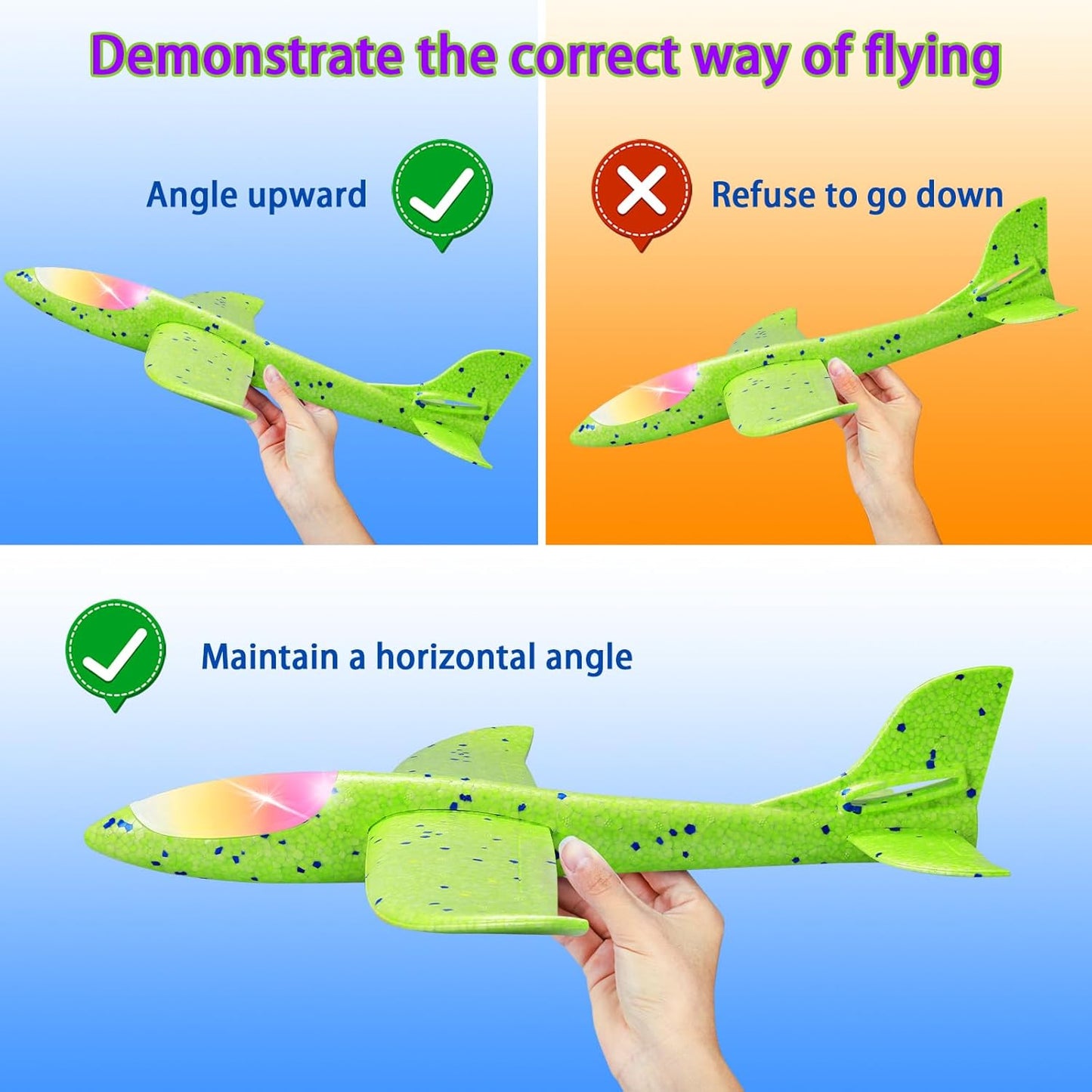 CUKU 6 Pack LED Light Airplane Toys-17.5" Large Throwing Foam Plane-2 Flight Modes Glider Plane-Outdoor Flying Toys for Kids-Flying Toys Gift for Boys Girls 3 4 5 6 7 8 9 Years Old