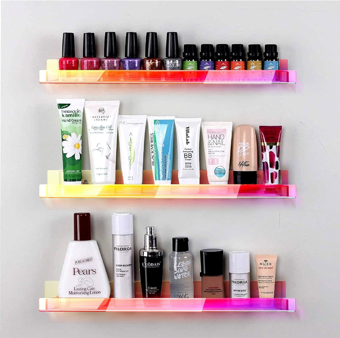 8 Pack 15 Inch Iridescent Acrylic Shelves, Clear Rainbow Kids Floating Bookshelf for Kids Room, Modern Sunglasses Essential Oil Picture Ledge Display Toy Storage Wall Shelf