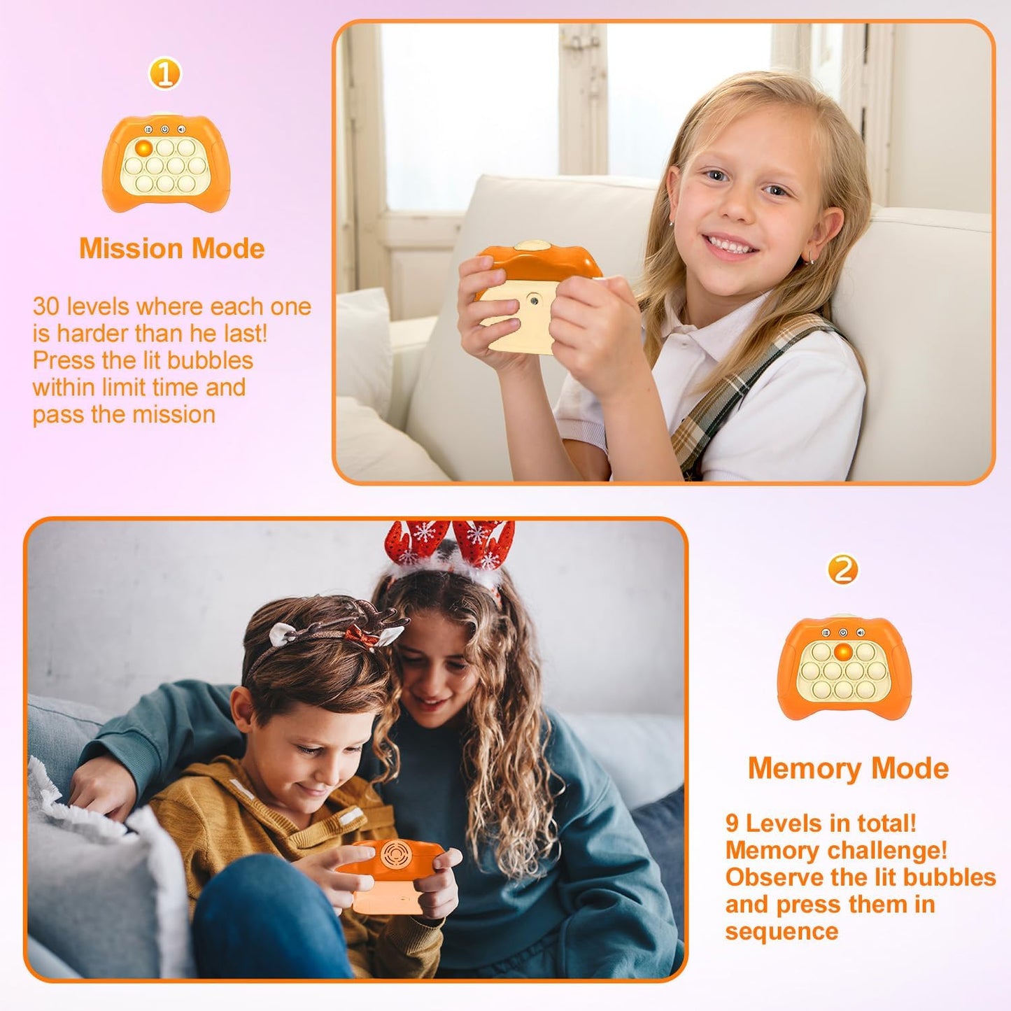 Quick Push Puzzle Game Machine Pop Fidget Light-Up Squeeze Poppet Sensory Toy Educational Push Pop Bubble Toy Stress Relief Party Favors Puzzle Game for Kids Teens Adults （Orange）