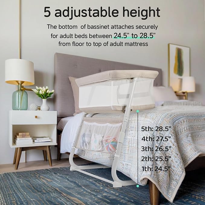Cowiewie Bassinet Bedside Sleeper,Baby Bassinets Higher Place on Bed,5-Position Adjustment Baby Crib,Breathable 360°All-Around Mesh Sides Bedside Bassinet,Space-Saving Bedside Cribs, Beige