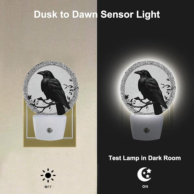 Black Crow on Oak Tree Branch Night Lights Plug into Wall Halloween Night Light Dusk to Dawn Sensor for Bedroom Living Room, LED Lighting 0.5W Sleep Friendly