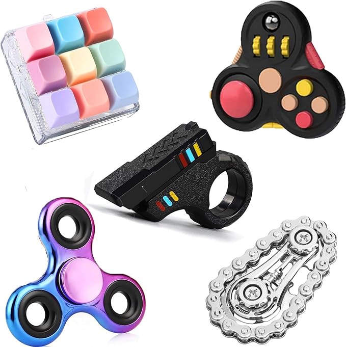 Fidget Toys Set for Adults, Sensory Pack with Fidget Slider, Fidget Cube, Spinner Toy, Keyboard Clicker Toy, Fidget Pad, Stress Relief Desk Gadget for Office, Birthday Gift Set
