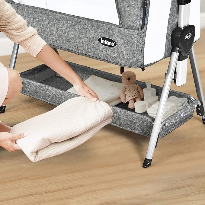 INFANS Baby Bassinet Bedside Crib, Newborn Sleeper w/Large Storage Basket, Adjustable Heights, Detachable &Washable Mattress, Breathable Mesh, Straps, Easy Moving Bed Side (Dark Grey)