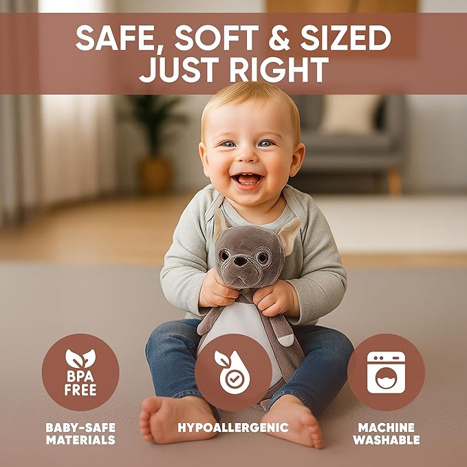 Baby Sleep Soother Taupe Bulldog Plush with Heartbeat & Lullaby Sounds, 4-in-1 Sound Machine, Security Blanket & Pacifier Holder, Baby Registry Essential & Christmas Gift for Newborns & Infants