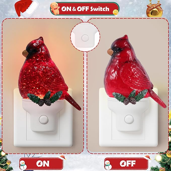 2 Pack Christmas Cardinal Night Light Plug into Wall Glitter Water Nightlight with USB/Outlet Options, Christmas Decorative Nightlight for Bedroom Kitchen Nursery Holiday Decorations Gifts (Cardinal)