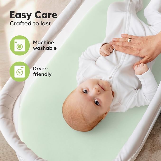2-Pack Organic Bassinet Sheets for Girls, Boys - 100% Cotton Bassinet Mattress Sheets Compatible with Halo Bassinest Swivel Sleeper, Graco, Baby Delight, Chicco, Unisex Fitted Bassinet Sheets (Sage)