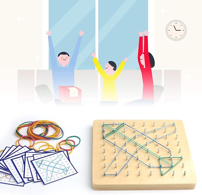 Thoth Montessori Wooden Geoboard Mathematical Manipulative Material Array Block Geo board with 36Pcs Pattern Cards and Rubber Bands Matrix 8x8 for Kids Graphical Educational Toys Early Development Toy