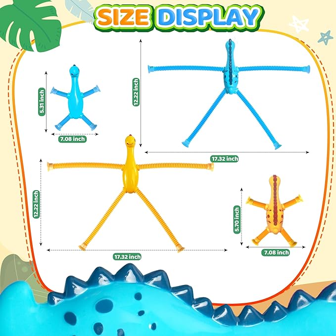 Sensory Travel Toys Chirstmas Stocking Stuffers Gift for Toddlers Kid Boy Year Old Ages 3+ Airplane Activities Suction Autism Pop Tube Fidget Toys Autistic Items Valentine for Kids (8pc-Dinosaur)