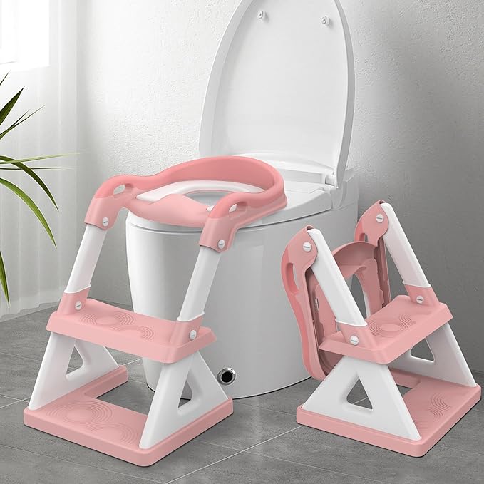 2 in 1 Potty Training Toilet Seat & Toddler Step Stool, Bottom Triangle Stability Toddler Toilet Seat, Adjustable Step & Seat Height Potty Seats for Toddlers Boys Girls (Pink)