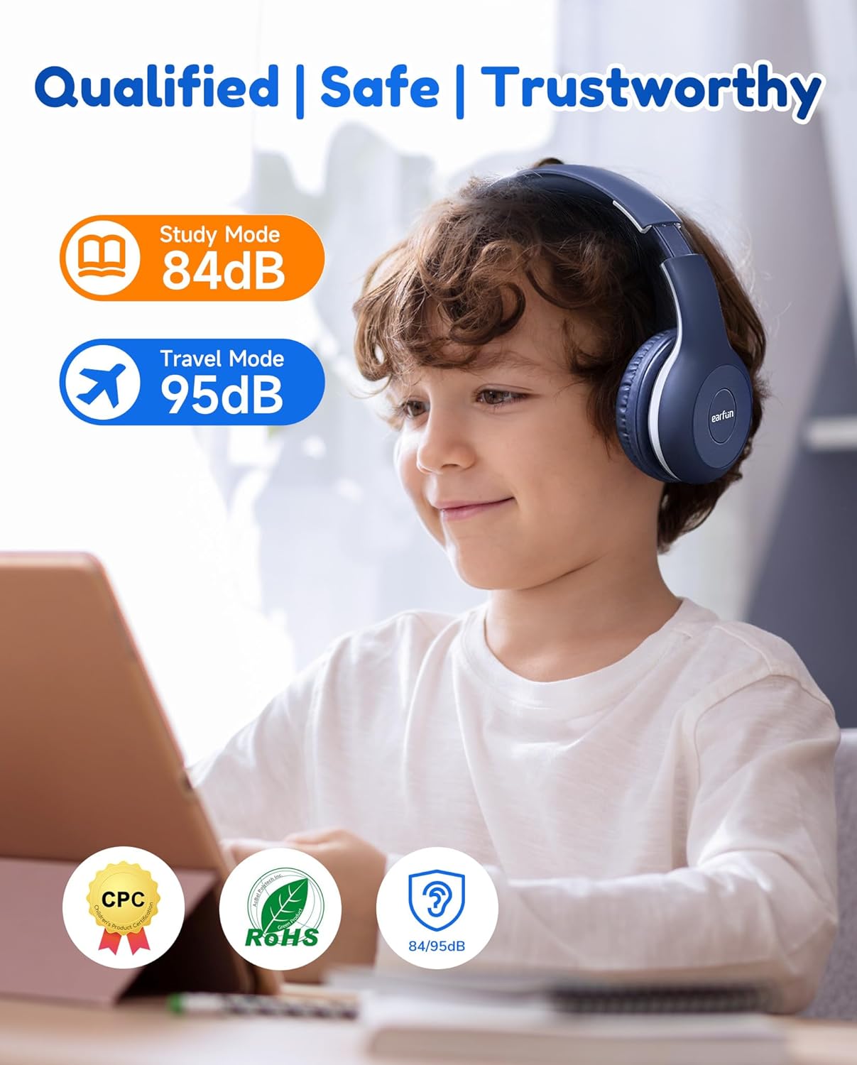 EarFun K2 Kids Bluetooth Headphones, Kids Headphones with Volume Limited, 40H Playtime, Built-in Mic, Stereo Sound, Foldable Over-Ear Headphone for School/Travel/iPad/Tablet, Blue