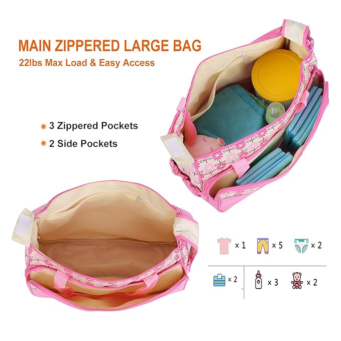 5PCS Diaper Bag Tote Set for Baby Essentials – Large Baby Bags for Mom, Waterproof Maternity Bags with Bottle Bag, Food Bag & Changing Pad (Pink)