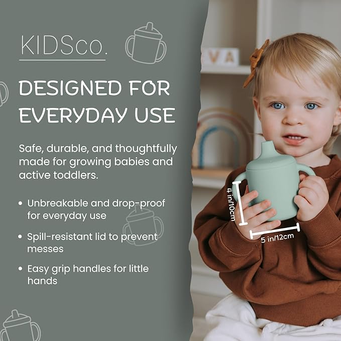 Silicone Sippy Cups with Easy Grip Transition Handles and a Soft Spout. A Non Toxic No Spill Unbreakable Training Cup. 150ml/5oz |2-PACK Green and Sandy Shore|