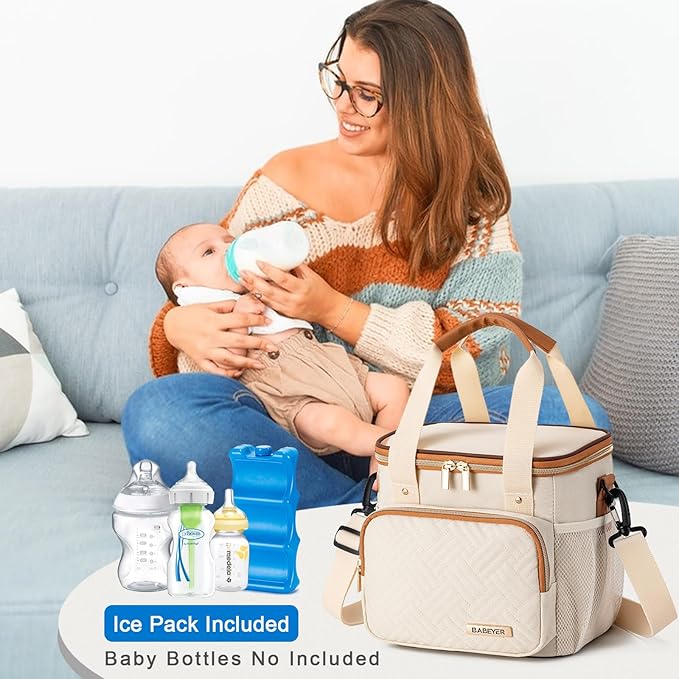 Breastmilk Cooler Bag with Ice Pack Fits 6 Baby Bottles up to 9 Ounce, Breast Milk Pump Cooler Bag for Nursing Mom Daycare, Work, Travel-Cream