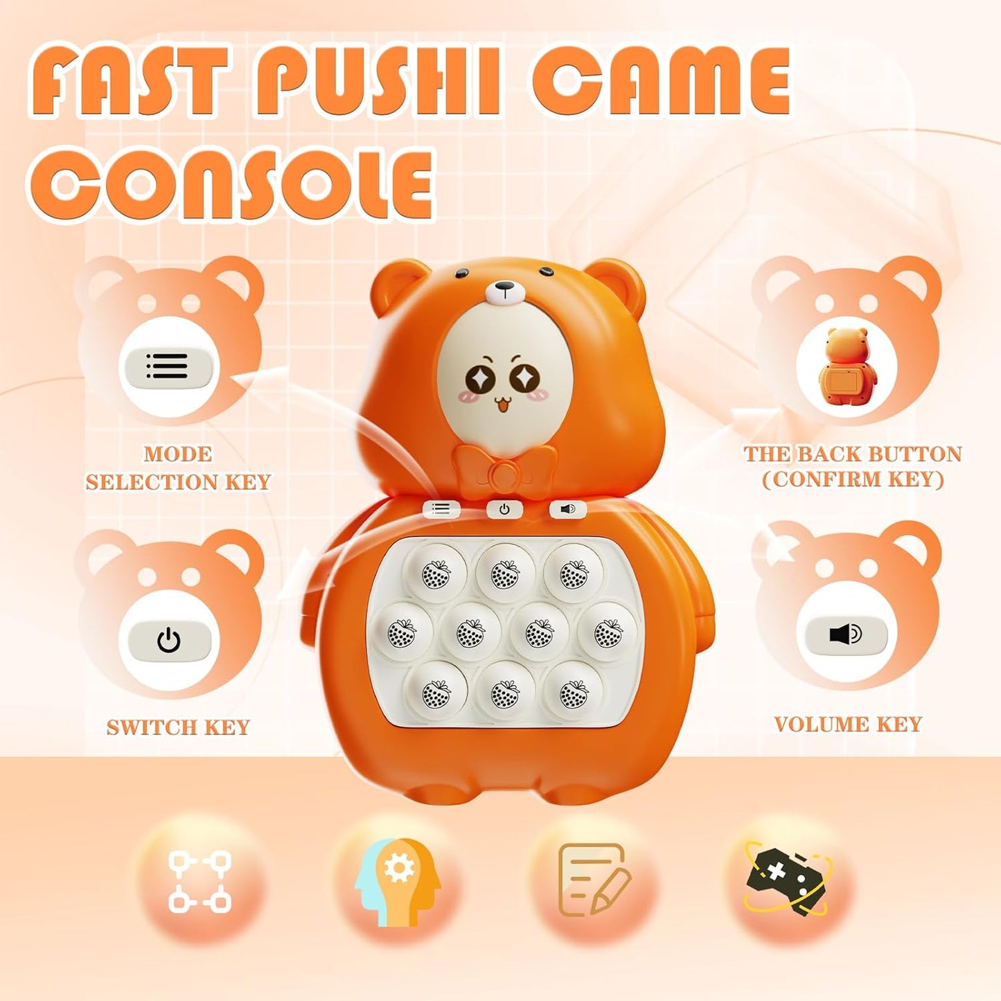 Fast Push Game, Light Up Pop Game Console, Handheld Game for Kids Age 6-12, Fast Push Bubble Game, Fidget Toys for Kids, Stress Relief Game for Kids and Adults, Birthday Gift (Orange Bear)