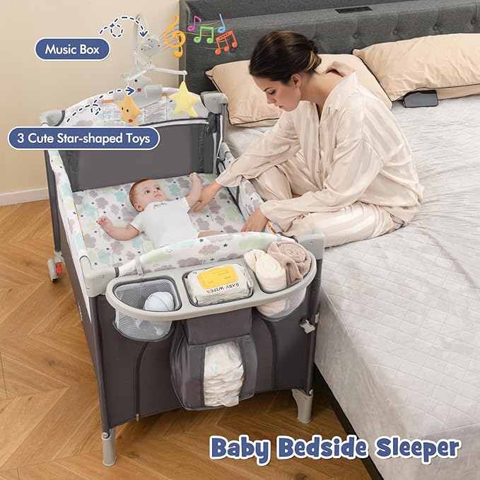 HONEY JOY Pack and Play with Bassinet, 5-in-1 Baby Bedside Sleeper w/Diaper Changing Table & Storage Bag, Toy Arch & Music Box, Detachable Side Rail, Portable Baby Play Yard w/Carry Bag(Gray)