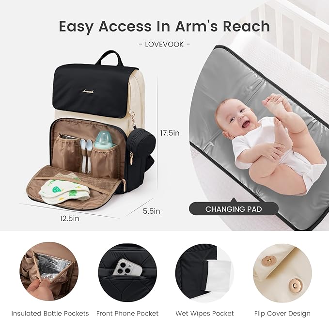 LOVEVOOK Diaper Bag Backpack, Baby Travel Bags for Boys & Girl, Toddler Waterproof Diaper Bag w/Changing Pad (Black, 15.6''-Small)