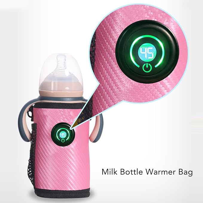 SIXRUN Baby Milk Bottle Warmer Bag, Portable Baby Bottle Heater with 23 Levels of Temperature Control (Rose Red)