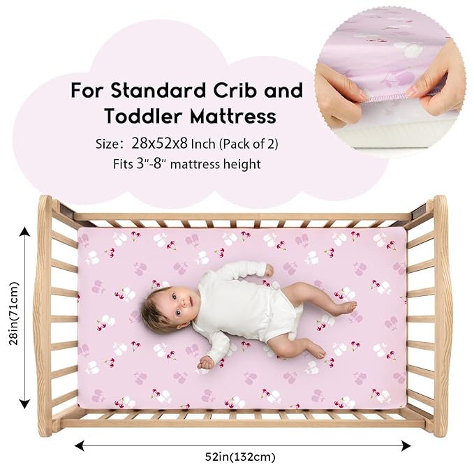 Yoofoss Baby Crib Sheets for Boys Girls, Fitted Crib Sheet 2 Pack for Standard Crib and Toddler Mattress, Super Soft Microfiber Baby Sheet 28x52x8in(Pink+Cherry)