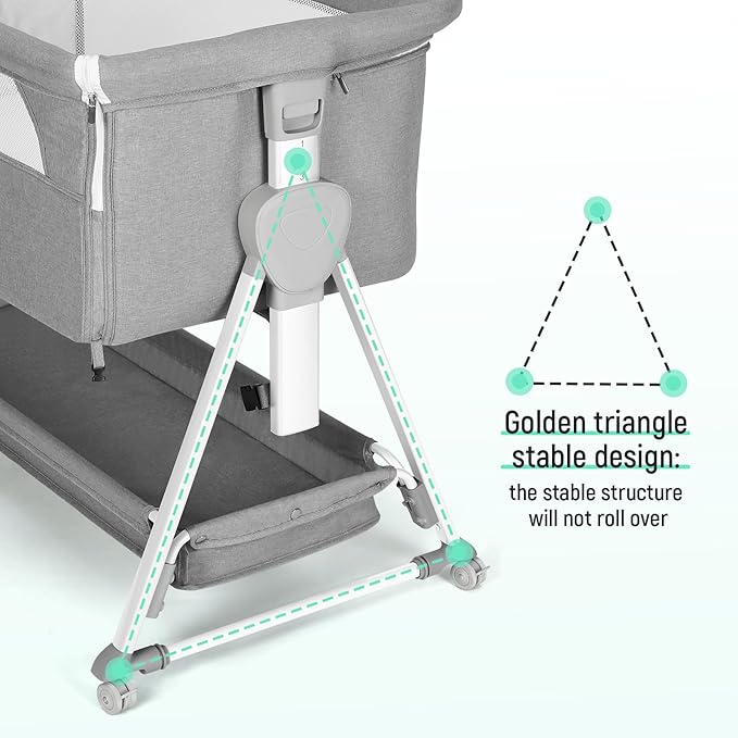 Cowiewie Bassinet Bedside Sleeper, Baby Bassinet with 7 Adjustable Height, Bedside Bassinet for Baby with Storage, Breathable Mesh & Mattress, Portable Bassinet Easy Folding (Grey and White)