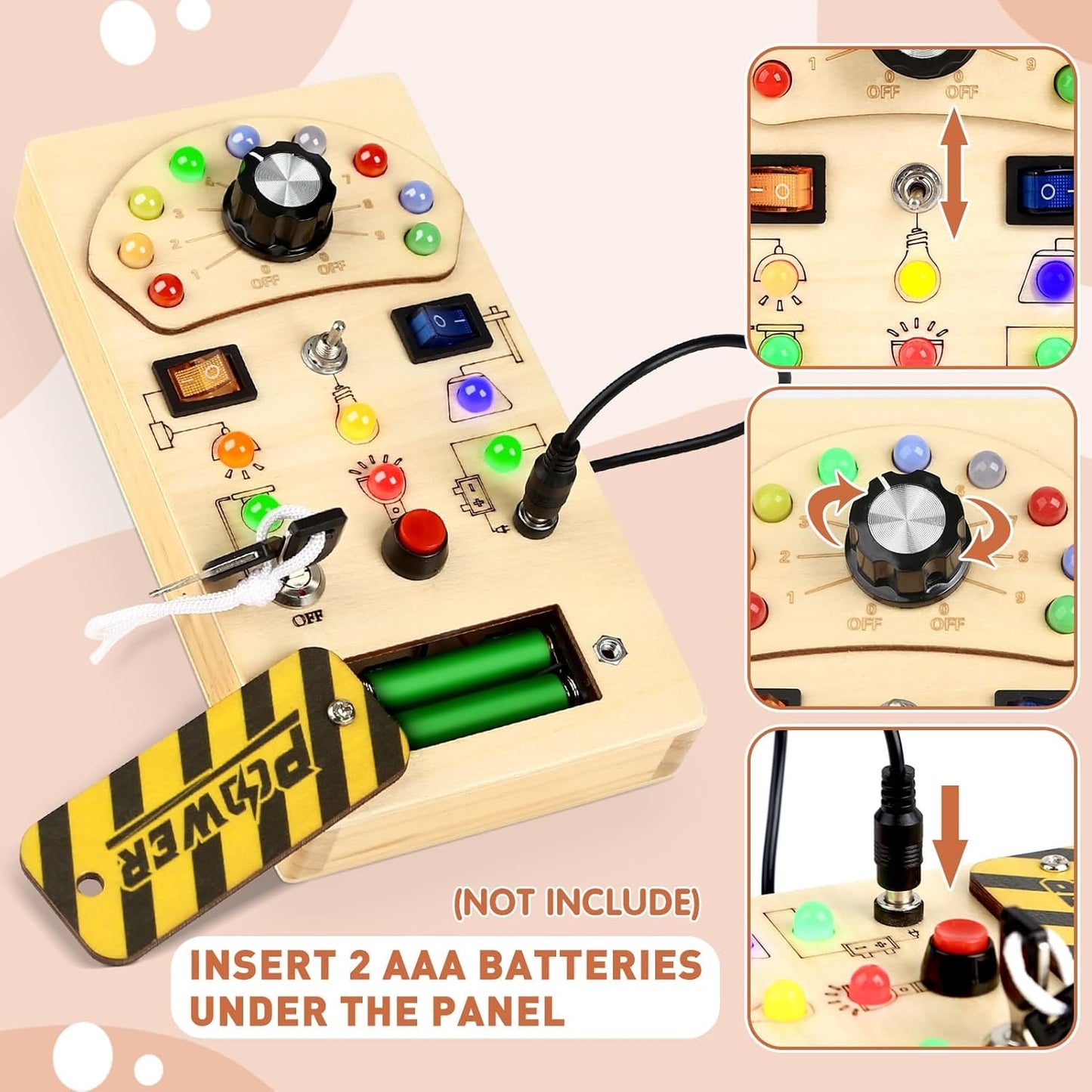 Joyreal Toddler Busy Board, Wooden Montessori Busy Board Sensory Board with LED Light Switch, Sensory Toys Baby Fidget Board Travel Toys for Toddler