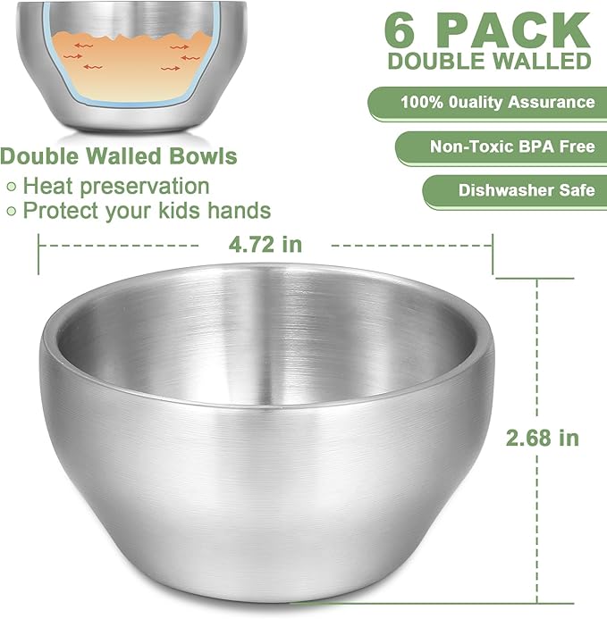 EWFEN SUS304 6-Piece Stainless Steel Bowls for Kids, 12 oz 18/8 Metal Bowls for Toddler Children, Small Baby Bowls for Feeding/Soup/Snacks, Double Walled, Unbreakable and Dishwasher Safe