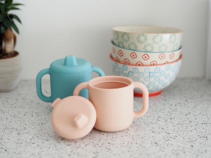 BEABA Silicone Training Cup, Soft Unbreakable Toddler Baby Sippy Cup, Leakproof Lid Ergonomic Wide Handles, 5.5 oz (Rain)