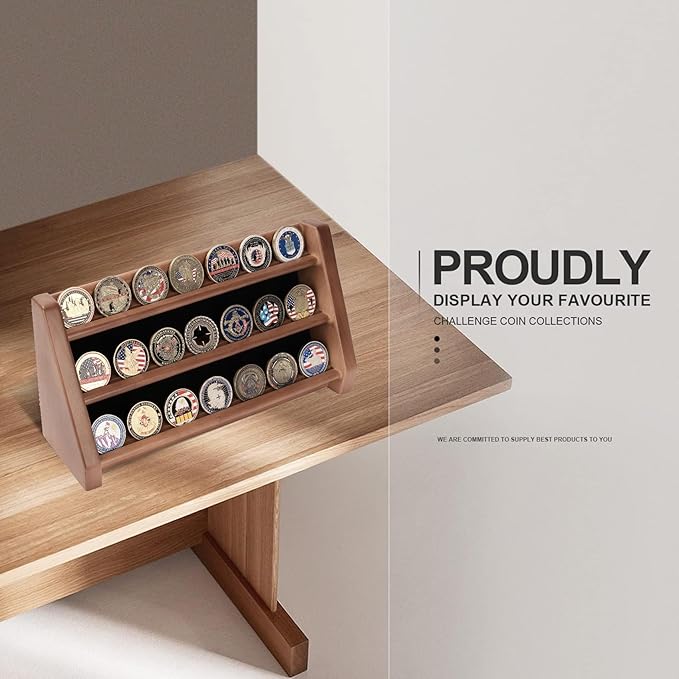 3 Rows Solid Wood Military Challenge Coin Holder Display - Holds 21-24 Coins, Army Coin Rack Display Case Stand for Wall Mount or Tabletop, Walnut