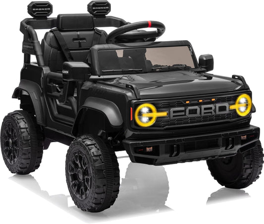 12V Ride on Toys for Kids, Licensed Ford Bronco Raptor Children Electric Vehicles, Toddler Battery Powered Car with Double Doors, 3 Point Safety Belt, Led Lights (12V, Black)