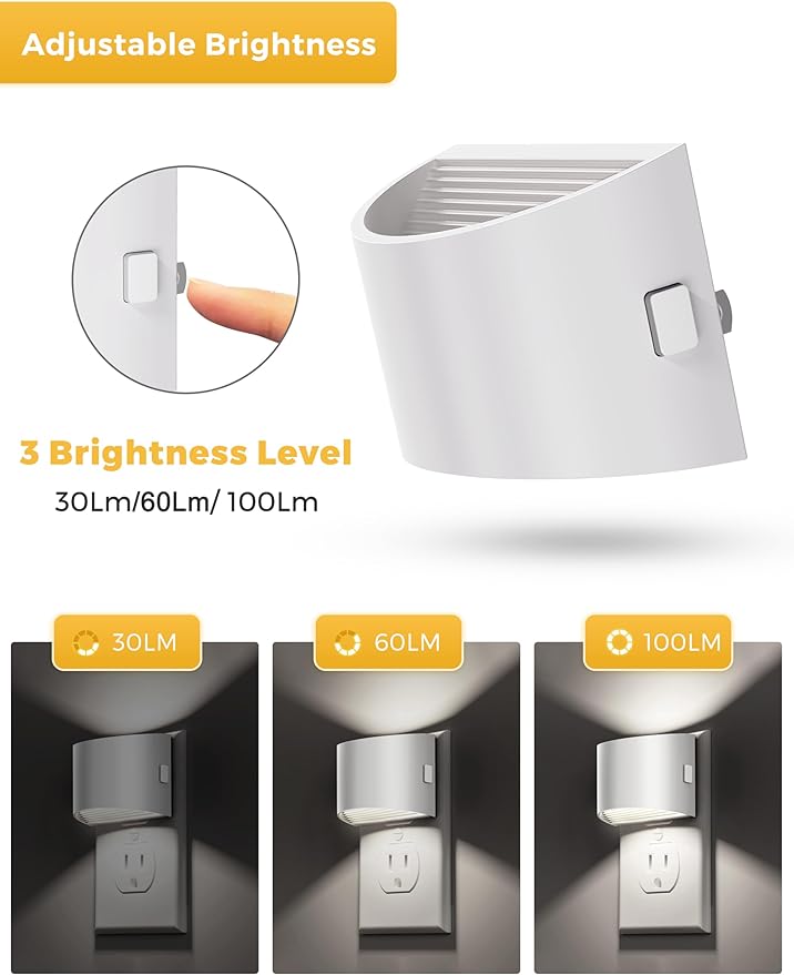 L LOHAS LED Night Lights Plug into Wall, Dimmable Night Light with 3 Level Brightness, 5000K Daylight White, 2 Pack, White Housing