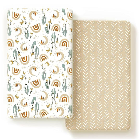 GRSSDER Stretchy Ultra Soft Jersey Knit Fitted Crib Sheets Set 2 Pack，Fits All Standard Crib Mattress Pads Safe and Snug, Rainbow Creative Painting Pattern
