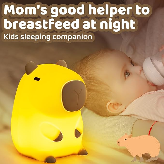 Huggwaii Squishy Capybara Night Light for Kids - Soft Silicone Tap-Control Kids Night Light with 2 Brightness Levels & 20-Min Timer, Cute Lamp for Nursery Bedroom Decor, Baby Gift (1200mAh Battery)