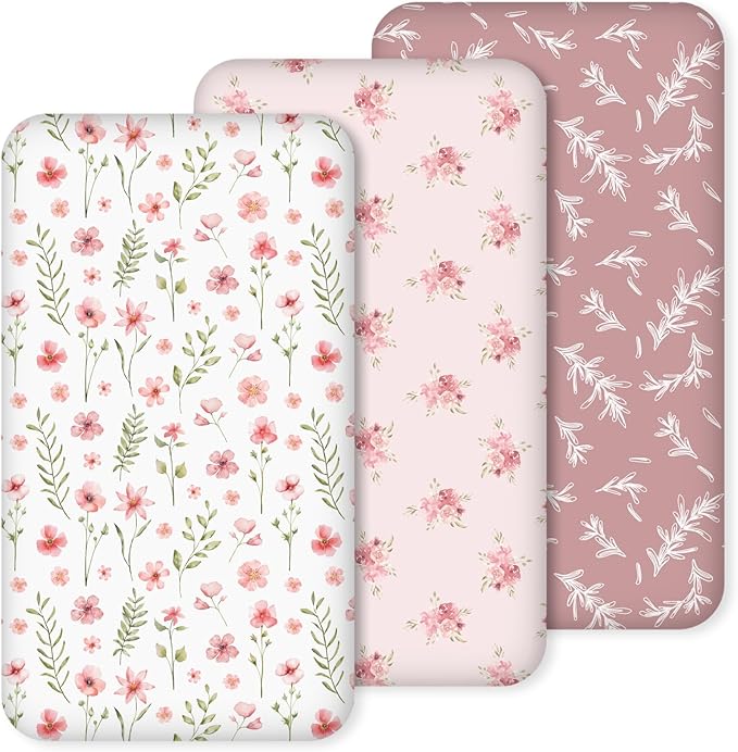 Nap Mat Sheet 47"x24", 3 Pack Pink Floral Baby Crib Sheets Fitted Elastic Corners, Preschool Day Care Rest Mat Cover, Soft Breathable - Compatible with Regalo My Cot, Joovy Travel Cot