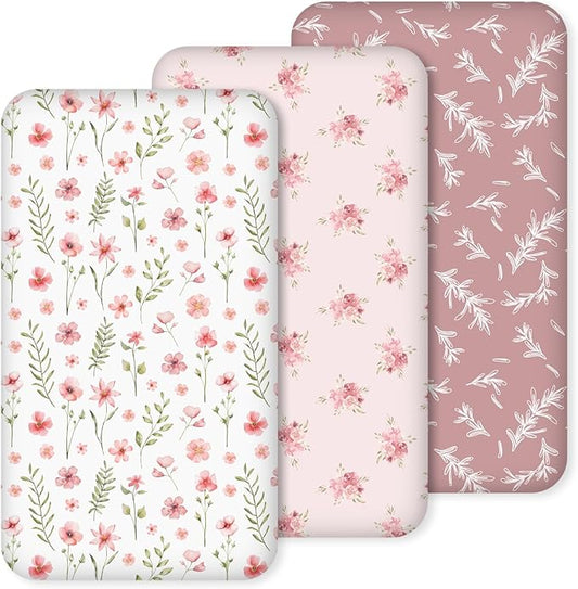 Nap Mat Sheet 47"x24", 3 Pack Pink Floral Baby Crib Sheets Fitted Elastic Corners, Preschool Day Care Rest Mat Cover, Soft Breathable - Compatible with Regalo My Cot, Joovy Travel Cot