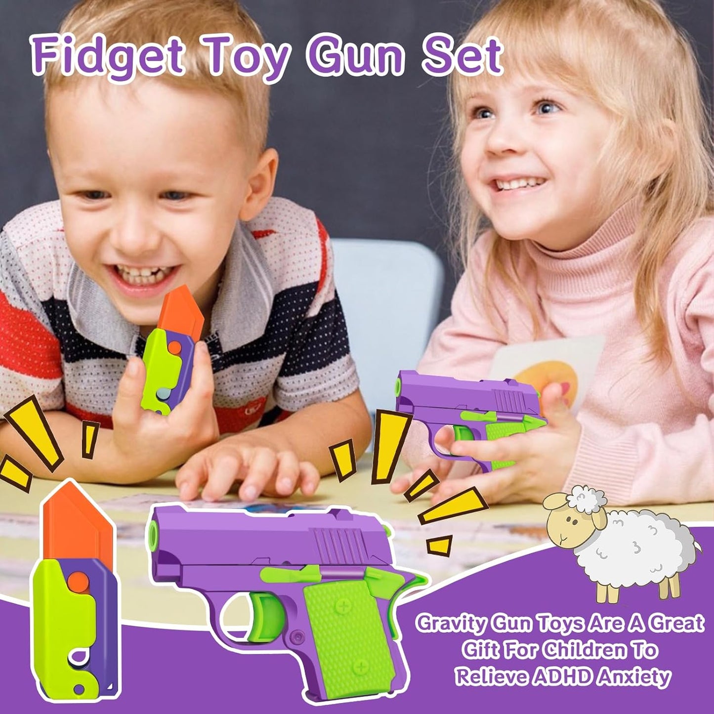 Fidget Gun Toy Set 2PCS 3D Printed Mini 1911 Fidget Gun Knife Toy Gravity Pistol Toy Adults Stress Relief Toy Sensory Toys for Kids Friends Christmas Birthday Gift