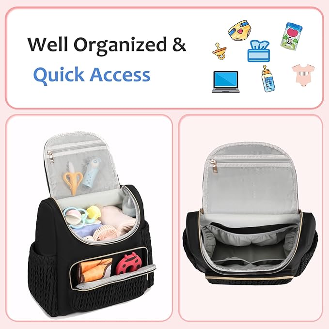 Large Capacity Diaper Bag Backpack with Stroller Buckle, Water-Resistant Travel Baby Bag with Insulated Pockets (modern, Black-lightgold)