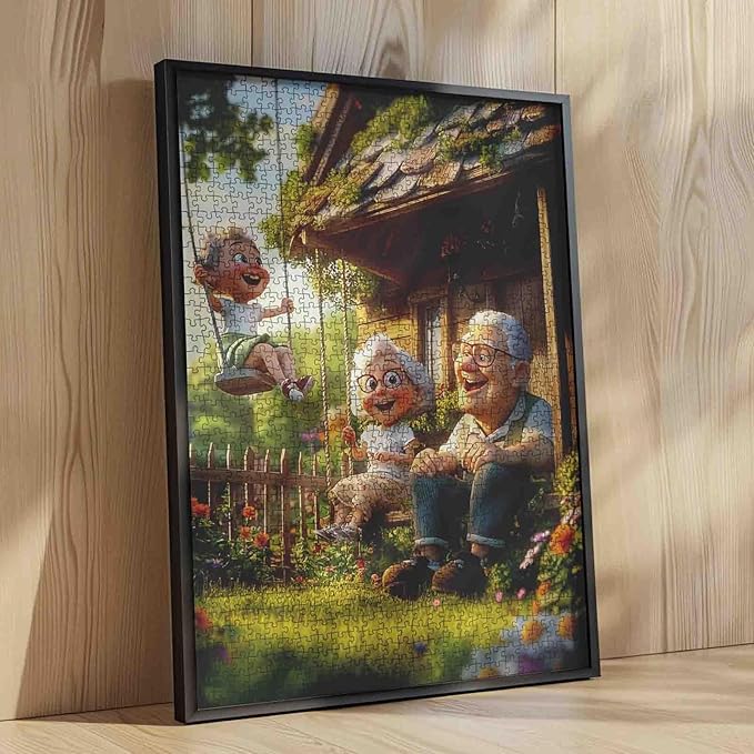1000 Piece Jigsaw Puzzle for Adults Students Cute Old Couple Sitting On Porch with Boy Swinging in Garden Puzzles Sunny Day Nature Scene Colorful 20×27 Inches Relaxing Educational Jigsaws Game