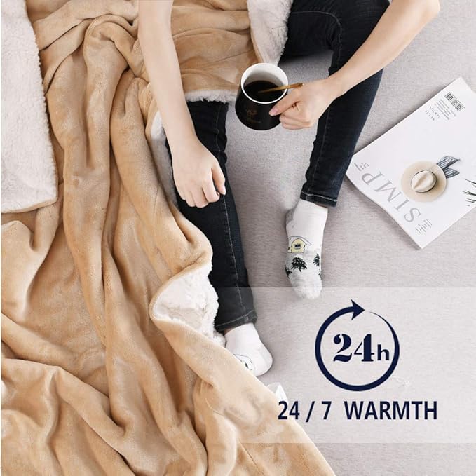 NANPIPER Reversible Sherpa Flannel Blanket Super Soft Fuzzy Lightweight Fleece Microfiber for Bed/Couch (50"x60",Beige)