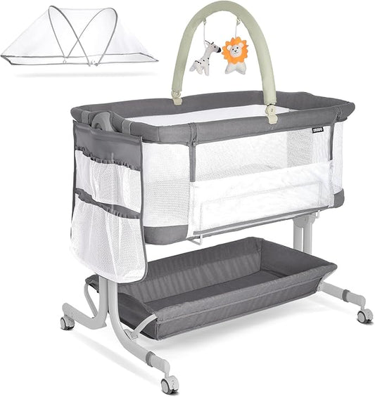 KRIDDO 2-in-1 Baby Bassinet for Infant, Bedside Bassinet with All-around Breathable Mesh, Lockable Wheels, Adjustable Height and Incline, Bedside Sleeper for Baby with Large Storage Basket, Light Grey