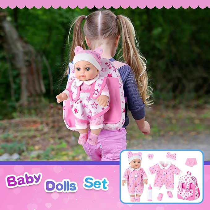 12" Baby Doll in Gift Box with Pink Backpack, Cloths, Feeding Bottle and Pacifier, First Baby Dolls for Toddlers 3 Years and Up