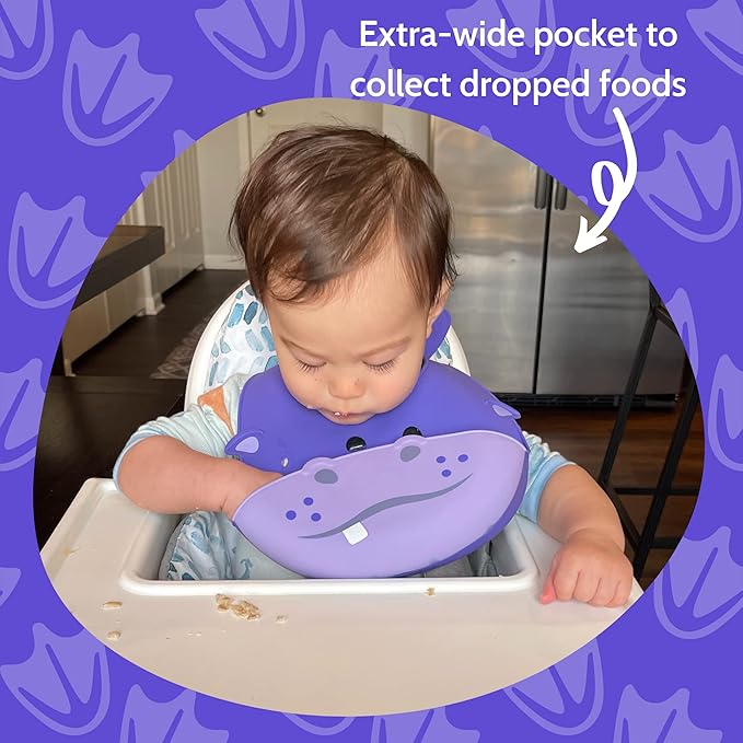 Silly Goose Set of 2 Silicone Animal Baby Bibs for Babies and Toddlers, Waterproof, Adjustable, Soft, Extra Wide Food Catcher Pocket (2PK Hippo+Bear)