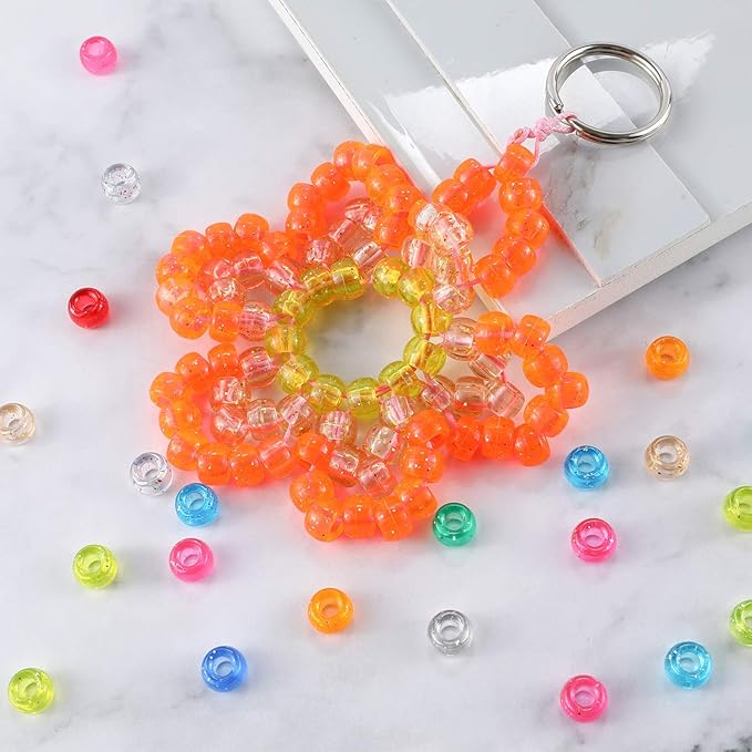 2600+pcs Pony Beads Kit Rainbow Glitter Plastic Beads Multicolor Pony Bead Bulk with Elastic String, Hair Bead for Braids DIY Crafts Jewelry Making Kit for Bracelets Necklaces