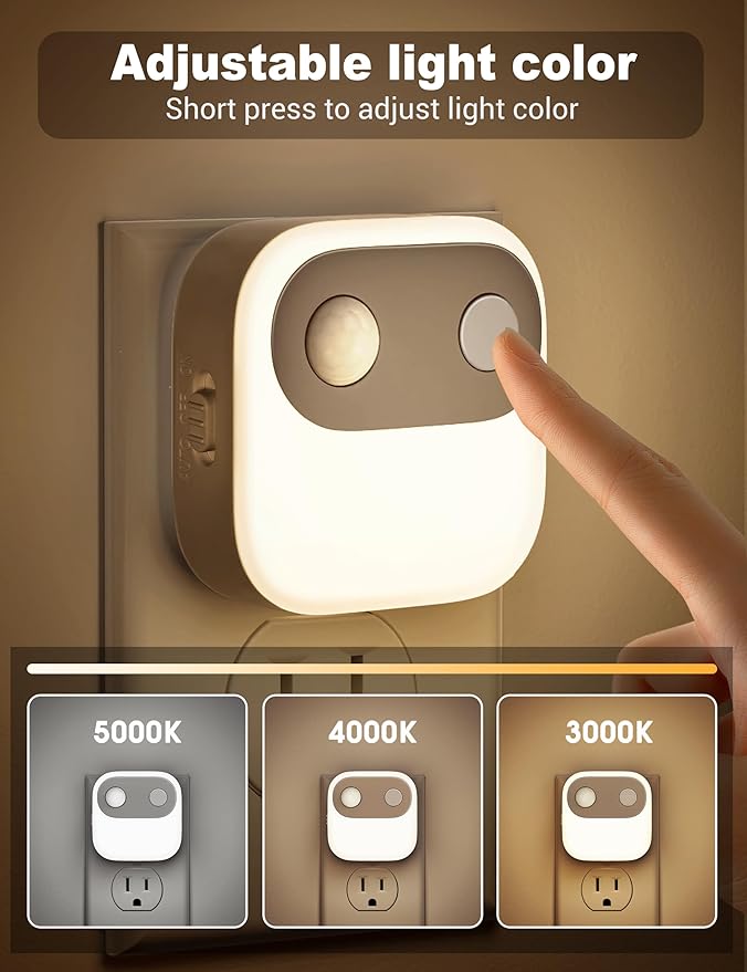 JandCase Motion Sensor Night Light, Night Lights Plug into Wall 2 Pack, 3000K/4000K/5000K Motion Activated Night Light, Light Sensor & Motion Sensor Nightlight for Bedroom, Stairs, Hallway