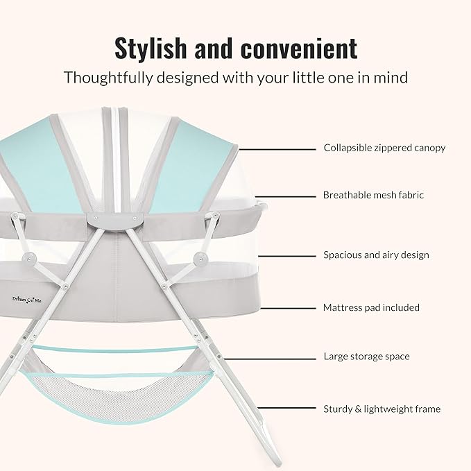 Dream On Me Karley Bassinet in Blue & Grey, Lightweight Portable Baby Bassinet, Quick Fold and Easy to Carry , Adjustable Double Canopy, Indoor and Outdoor Bassinet with Large Storage Basket.