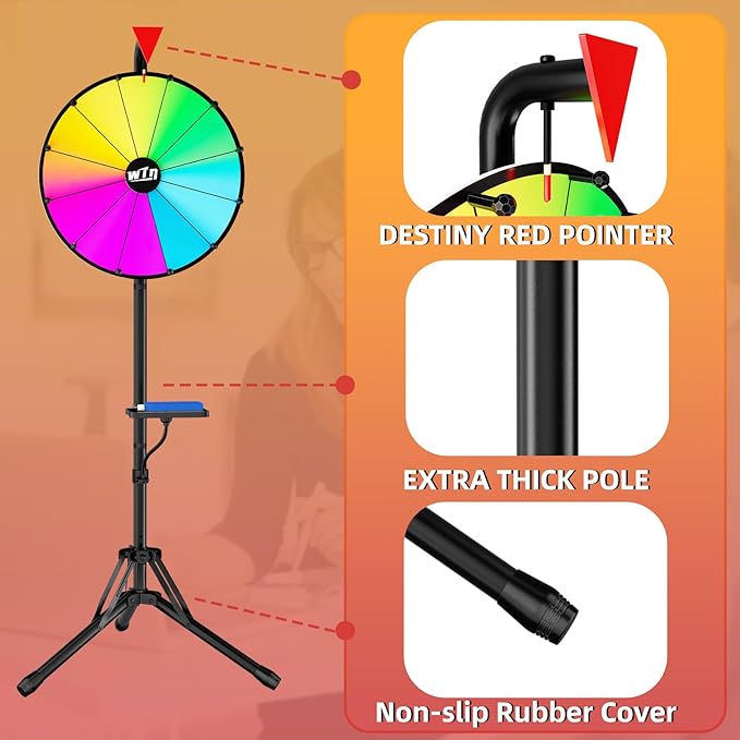 16 Inch Prize Wheel,Spinning Wheel with Adjustable Folding Tripod Floor Stand,12 Slots,1Bracket, Dry Erase Kit - Wheel of Fortune Game for Carnival, Casino & Trade Show.