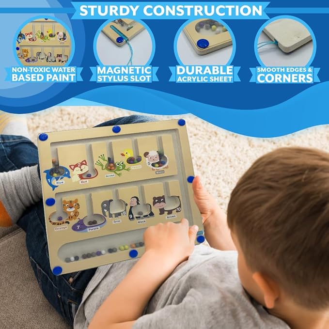 JDS Animal Color and Number Maze - Magnetic Wooden Puzzle Toy for Counting, and Color Recognition - Early Education Children’s Fine Motor Learning Activities